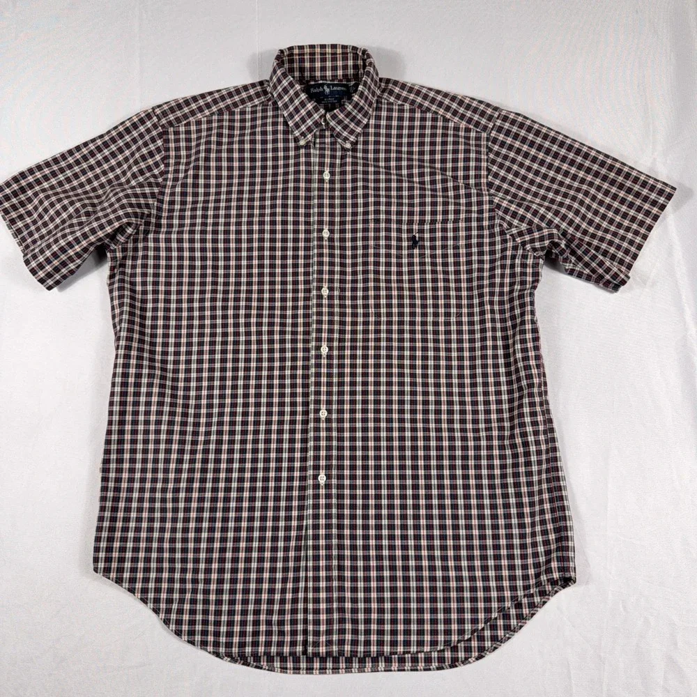 Ralph Lauren Blake Plaid‎ Button Down Short Sleeve Shirt Large Navy Red White
